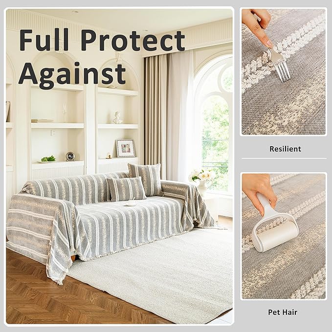 Couch Cover for Dogs Washable Sofa Cover, Sectional Couch Covers, Sofa Covers for 2 Cushion Couch, Non Slip Stripe Sofa Slipcovers Furniture Protector, Couch Protector from Cat Claws, Light,75''x134''
