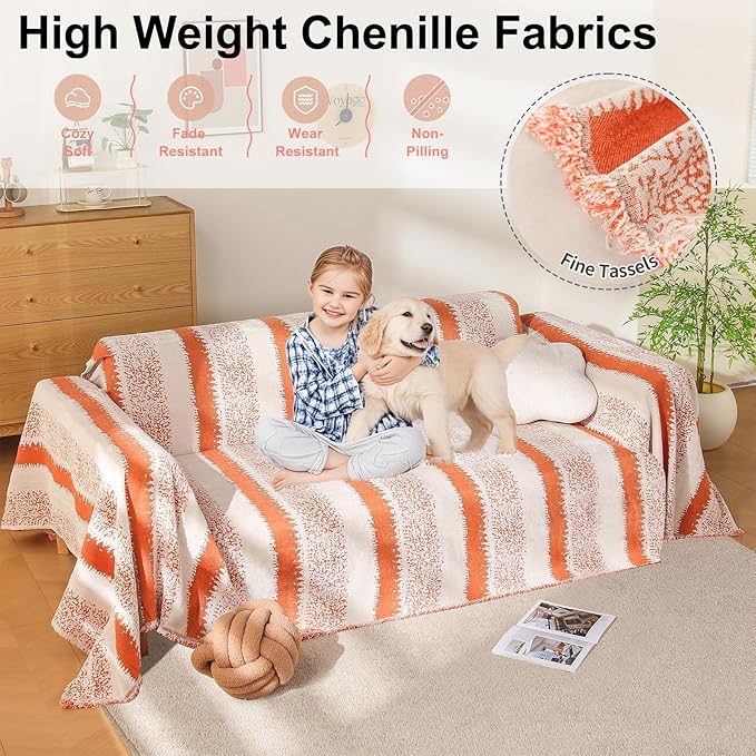 Boho Couch Cover, Sofa Cover, Sofa Covers for 2 Cushion Couch, Washable Sectional Couch Covers for Dogs Pet Furniture Protector Couch Cover Blanket for Living Room (1# Orange, 71" x 118")