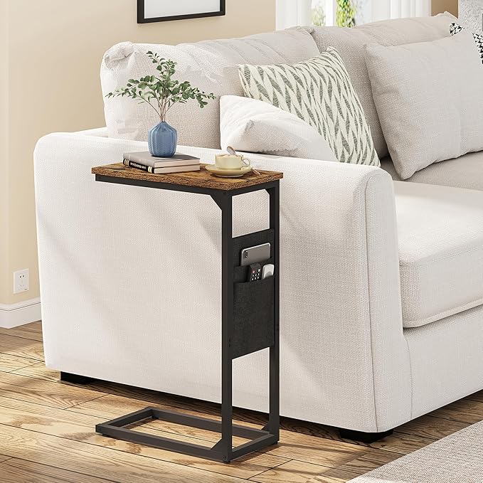 TUTOTAK C Shaped End Table, Side Table for Couch, Sofa Table with Storage Bag, TV Tray for Living Room, Bedroom, Brown TB01BB0822