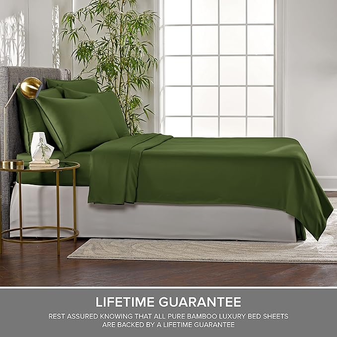 Twin Sheets by Pure Bamboo, Genuine 100% Organic Viscose Derived from Bamboo Bed Sheet Set, Luxuriously Soft & Cooling, Double Stitching, Lifetime Quality Promise (Twin, Pesto)