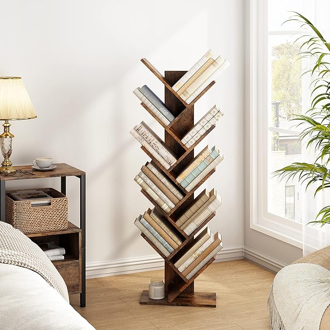 Hoctieon 10 Tier Tree Bookshelf, 10 Shelf Bookcase, Free Standing Tree Bookcase, Display Floor Standing Shelf for Books, Book Organizer Shelves for Home Office, Living Room, Bedroom, Rustic Brown