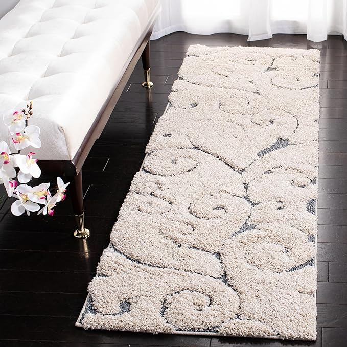 Safavieh Florida Shag Collection Runner Rug - 2'3" x 8', Beige & Blue Grey, Scroll Design, Non-Shedding & Easy Care, 1.2-inch Thick Ideal for High Traffic Areas in Living Room, Bedroom (SG455-1155)