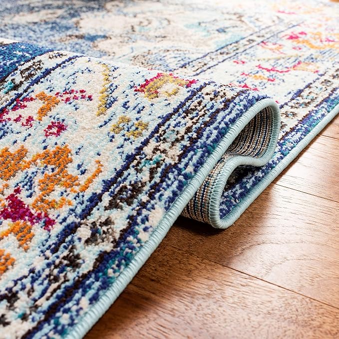 SAFAVIEH Monaco Collection Area Rug - 5'1" x 7'7", Navy & Light Blue, Boho Chic Medallion Distressed Design, Non-Shedding & Easy Care, Ideal for High Traffic Areas in Living Room, Bedroom (MNC243N)
