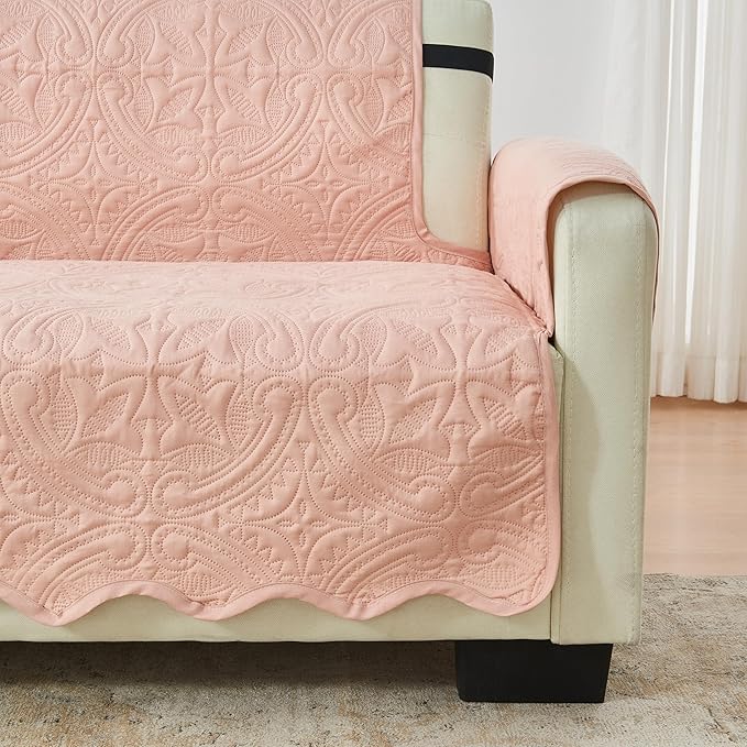 Great Bay Home Reversible Loveseat Cover - Washable Slipcover Furniture Protector with Elastic Straps - Couch Cover for Dogs, Kids, and Pets - Quilted & Stitched Detail (Loveseat, Dusty Rose/Taupe)
