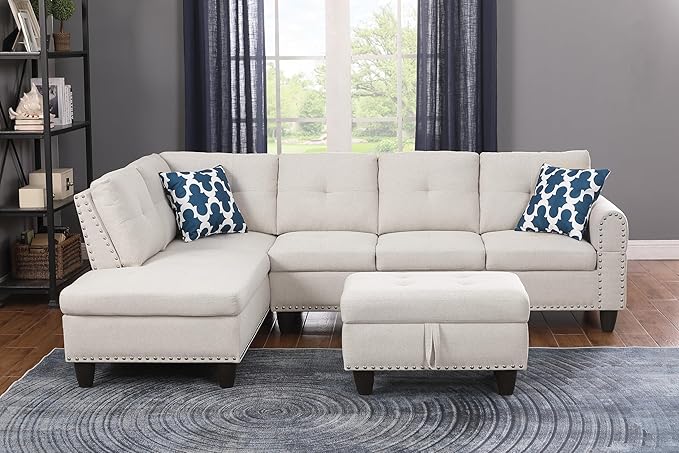 Ball & Cast 98" L Shaped Sectional Couch for Living Room with Storage Ottoman & Nailhead Trim,4 Seat Linen Upholstered Modular Sectional Sofa Set 3 PCS W/Chaise & Cup Holders,for Home,Office,Beige