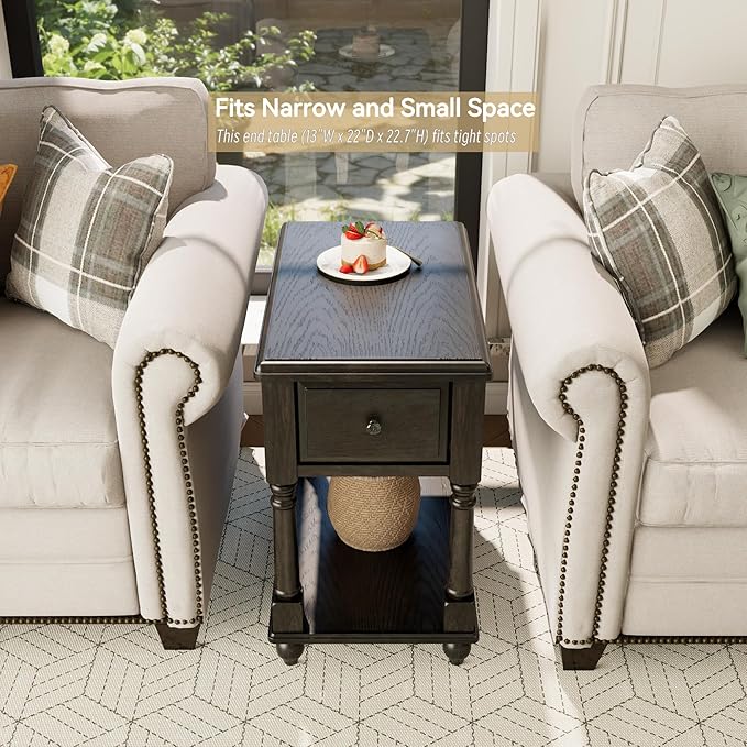 Narrow End Table with Drawer and Open Storage Shelf, Solid Wood Sofa Side Table for Living Room, Beside Table,Telephone Table for Small Spaces, No-Tools Assembly Vintage Black BBJ004BK