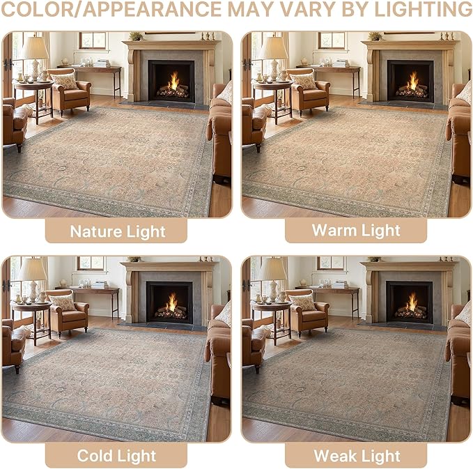 9X12 Area Rugs Machine Washable Rugs for Living Room, Vintage Boho Large Rugs for Bedroom Dining Room, Non Slip Indoor Soft Distressed Lightweight Thin Low Pile Carpet, Soft Sand
