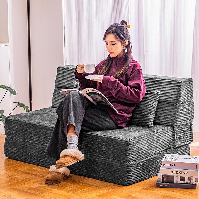 Folding Sofa Bed, Convertible Sleeper Chair with Pillow, High Density Memory Foam Fold Out Couch, Foldable Mattress Futon Sofa for Living Room/Dorm/Guest Use/Apartment/Home Office