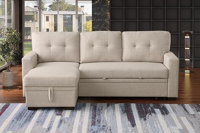 Devion Furniture Garisa 4-in-1 Convertible L Shaped Couch with Pull Out Bed and Storage, Sectional Sleeper Sofa with Reversible Chaise for Living Room, Apartment, Bedroom, Office