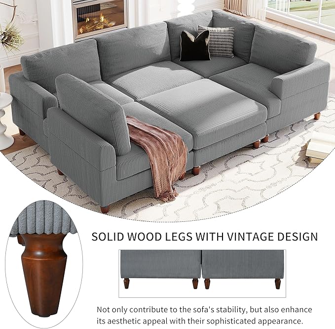 97.2 Inch L Shaped Modular Sectional Sofa with Movable Ottoman, 6-Seater Oversized Upholstered Combination Corner Couch for Living Room Office Spacious Space Furniture Sets, Gray