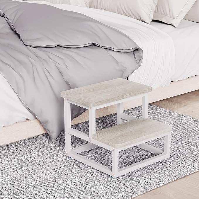 Step Stools, Heavy Duty Stepping Stool for Kids Adults, Non-Slip Metal and Wooden 2 Steps Foot Stool for High Beds and Kitchen, Round Corner, 500 Lbs Capacity, White Oak
