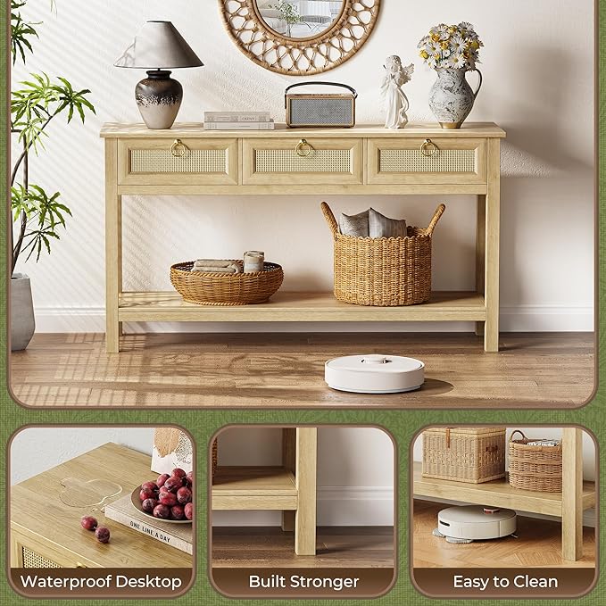SUPERJARE Rattan Console Sofa Table with Outlets and USB-C Port, 3 Drawer Entryway Table with Synthetic Rattan Surface, Open Shelf, Behind Couch Entry Foyer Hallway Storage, Natural