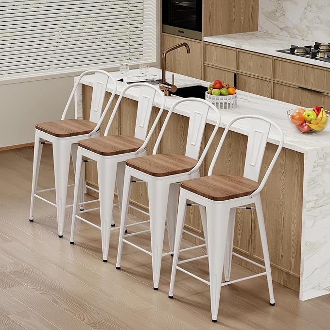 Changjie Furniture 30 Inches Metal Barstools Set of 4 Counter Height Bar Stools Industrial Stools with Backs High Back Chairs for Kitchen Island (30 Inch, White)
