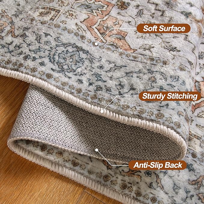 Tangsoo 3x5 Bedroom Rug, Washable Vintage Indoor, Area Rug Non Slip Accent Rug, Print Distressed Taupe Carpet, Soft Low Pile for Living Room Dorm Bedroom Bedside Entryway Bathroom