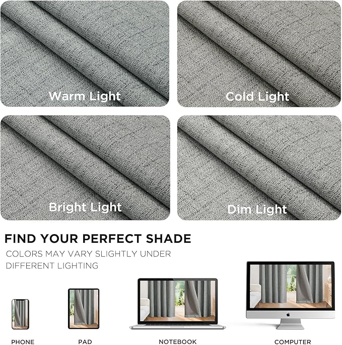 Joydeco 100% Blackout Curtains for Bedroom - Natural Linen Curtains 42" W x 108" L Long, Thermal Insulated 2 Panels Light Grey. Room Darkening Light Blocking Drapes for Living Room