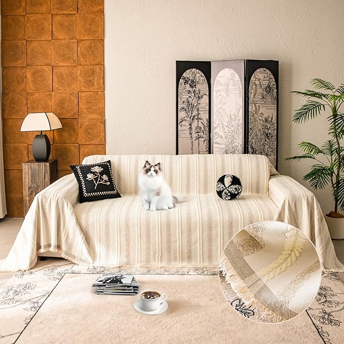 Couch Cover for Dogs Washable Sofa Cover, Sectional Couch Covers, Sofa Covers for 2 Cushion Couch, Non Slip Stripe Sofa Slipcovers Furniture Protector, Couch Protector from Cat Claws, Beige,71''x102''