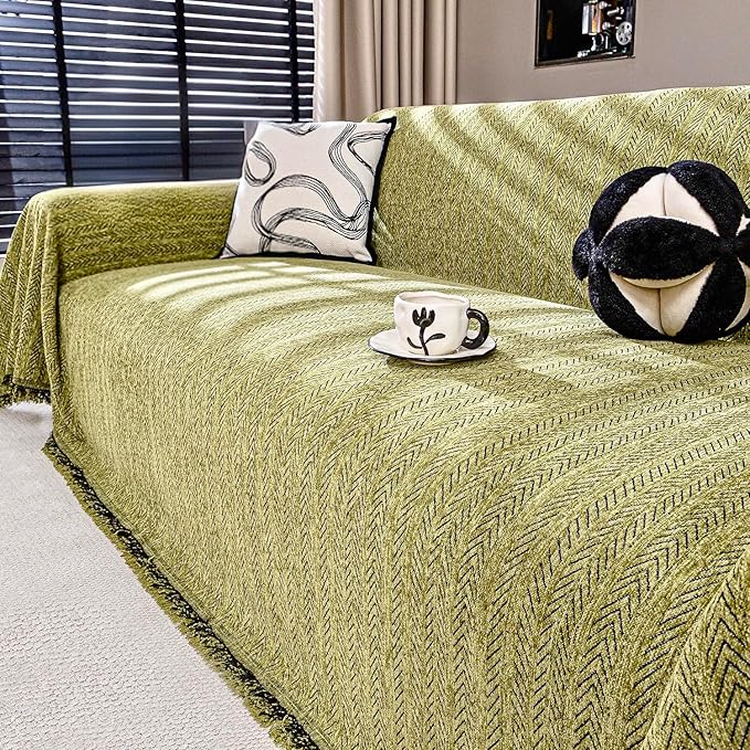 Nobildonna Sofa Cover Washable Soft Thicken Chenille Couch Cover with Tassel,Waterproof Sofa Slipcover for 3-4 Cushion Couch,Sectional Sofa,L-Shaped Furniture Protector Pet-Friendly,Green 71"x150"