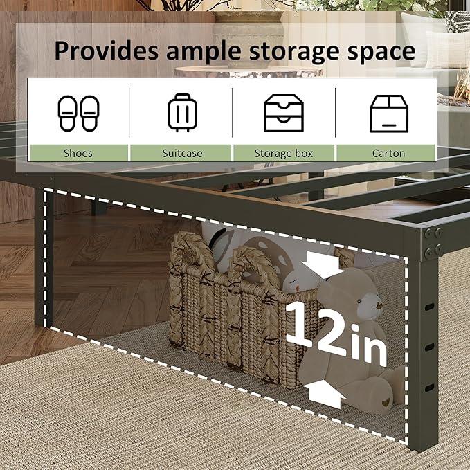 EMODA Queen Bed Frame with Cover No Box Spring Needed, 14 Inch Heavy Duty Metal Platform BedFrame Queen Size with Steel Slats, Easy Assembly