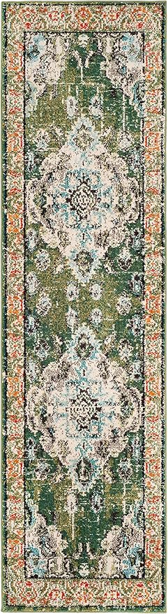 SAFAVIEH Monaco Collection Runner Rug - 2'2" x 18', Forest Green & Light Blue, Medallion Distressed Design, Non-Shedding & Easy Care, Ideal for High Traffic Areas in Living Room, Bedroom (MNC243F)