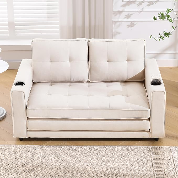 ERYE Modern Upholstered Loveseat Sofa Foldable Convertible Floor Sofabed W/Cupholders and Pockets, 3 Fold Tufted Futon Lounge Sofa with Pull Out Sleeper Couch Bed for Living Room Bedroom Studio