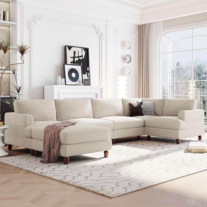 Eafurn Free Combination Symmetrical Modular Sectional Sofa with Movable Ottoman,Corduroy Upholstered Convertible Sleeper Couch,6 Seater Oversized Reversible Corner Sofa&Couch for Living Room Office