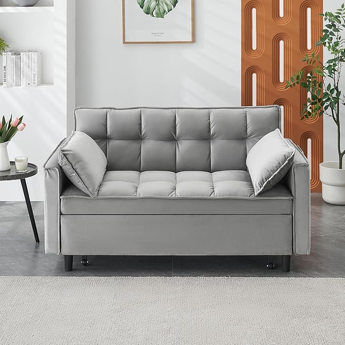 Ball & Cast Velvet Futon Sofa Couch with Pull-Out Bed,3 in 1 Convertible Sleeper Sofa Bed,Convertible Pull Out Couches W/2 Pillows,Adjustable Backrest & Side Pocket,for Living Room,Apartment,Gray,55"