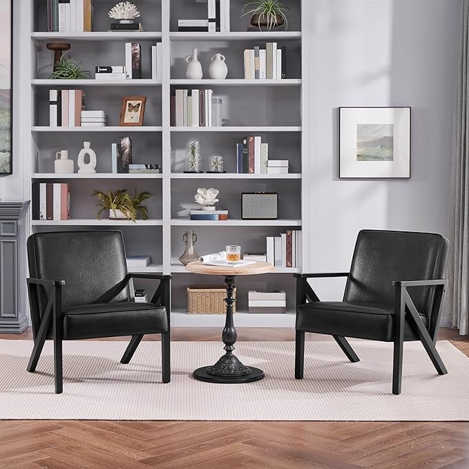 Yaheetech Accent Chair, PU Leather Reading Chair, Mid Century Modern Arm Chair with Solid Wood Frame for Living Room Bedroom Waiting Room, 2 Pieces, Black