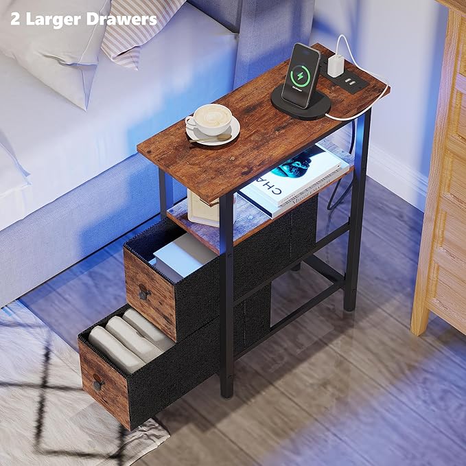 End Table Set 2 with Charging Station, Narrow Side Table with 2 Fabric Drawers, Skinny Nightstand with LED Light, Slim Bedside Table for Bedroom, Living Room, Small Spaces, Rustic Brown