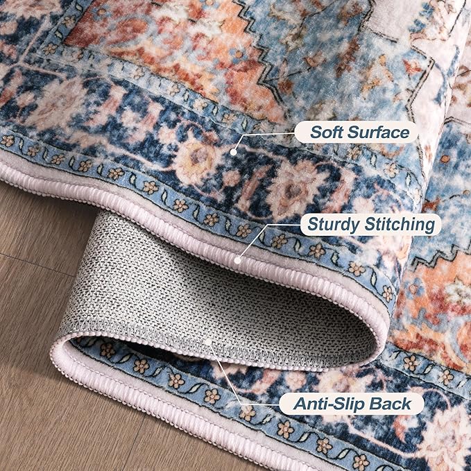 Tangsoo 2x10 Washable Runner Rug for Hallways, Non Slip Vintage Runner Rug, Soft Low Pile Long, Print Distressed Blue/Orange Carpet Runners for Kitchen Bedroom Entryway Bathroom Living Room