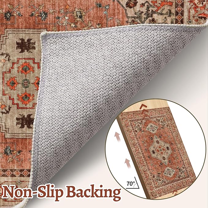 Boho Rug 4x6 Area Rug, Washable Vintage Indoor, Oriental Non Slip Distressed Terracotta Carpet, Machine Washable Rug, Soft Low Pile Rugs Foldable Floor for Dining Room Bedroom Living Room