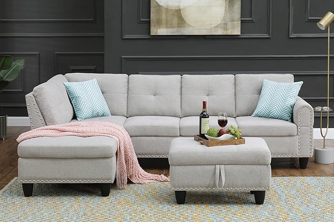 Evan Sectional Sofa or Couch with Ottoman for Living Room, Apartment, Bedroom, Office