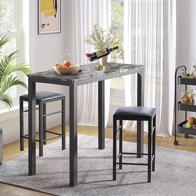 VECELO Dining Table Set with 2 Stools,3 Piece Counter Height for Kitchen, Living Room, Small Apartment