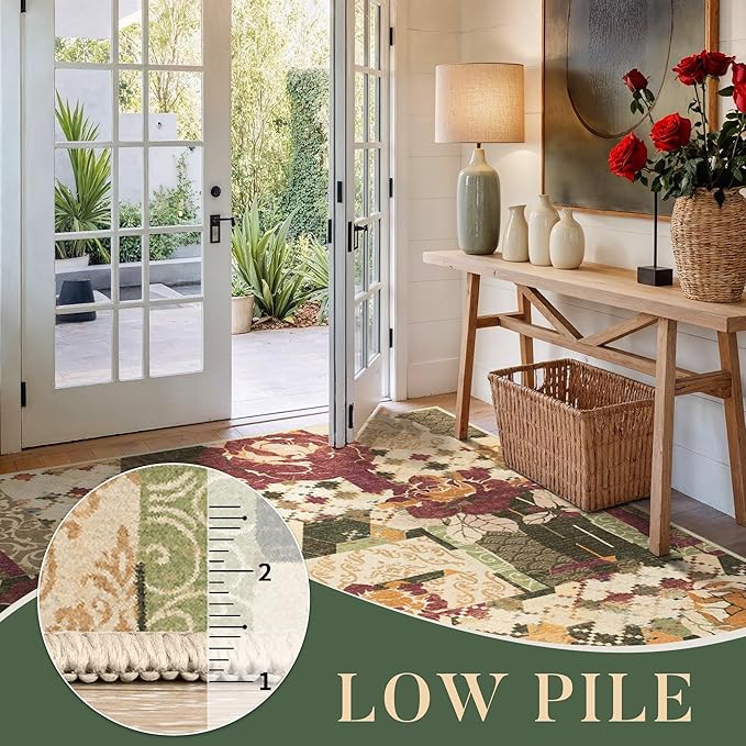 GENIMO Floral Runner Rug 2X6, Machine Washable Non Slip Vintage Patchwork Hallway Runner, Ultra-Thin Low Pile Runners for Indoor Entryway, Hallway, Kitchen and Corridor, Auburn Cinnamon