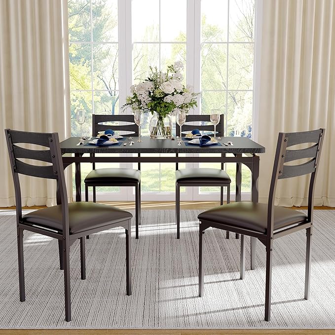 GarveeHome 5 Piece Dining Table Set, Industrial Style Dining Table and Chairs Set for 4, Kitchen Table Set for Dining Room Kitchen Apartment, Black