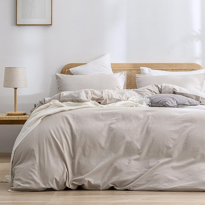 BESTOUCH Duvet Cover Set 100% Washed Cotton Linen Feel Super Soft Comfortable Chic Lightweight 3 PCs Home Bedding Set Solid Linen Grey Oversized King