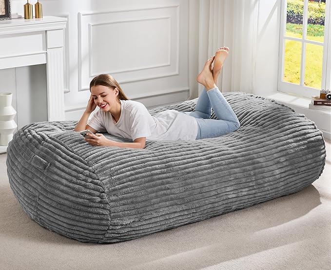 Hobestluk 6FT Bean Bag Chairs Adult Bean Bag with Portable Handle Comfy Large Bean Bag Lounge Chair with Removable Cover for Living Room Bedroom (Stripe Grey, 6FT)
