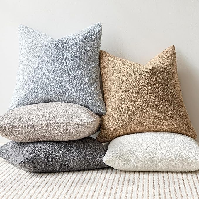 Foindtower Pack of 2 Modern Textured Boucle Throw Pillow Covers Accent Solid Decorative Pillow Cases Cozy Woven Couch Cushion Case for Chair Sofa Bed Living Room Home Decor, 20 x 20 Inch, Light Blue