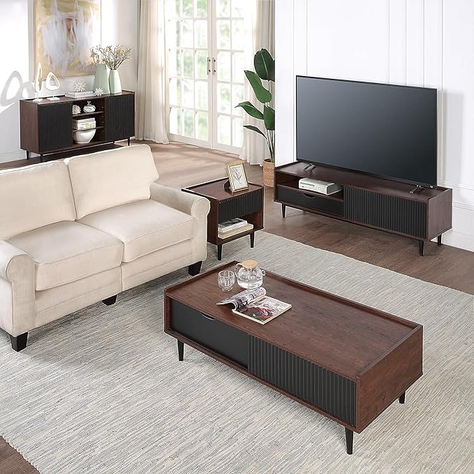 Manhattan Comfort Duane Modern Ribbed 55 Inch TV Stand with 1 Drawer, 2 Shelves, Sliding Door, and Wire Management, Mid-Century Style Entertainment Center and Media Console for Living Room, Black