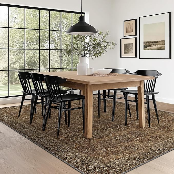 9X12 Area Rugs Machine Washable Rugs for Living Room, Vintage Boho Large Rugs for Bedroom Dining Room, Non Slip Indoor Soft Distressed Lightweight Thin Low Pile Carpet, Rustic Brown
