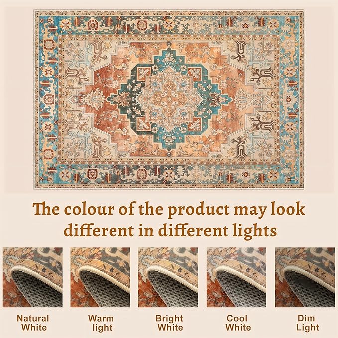 Tangsoo 4x6 Washable Rug Vintage Non Slip Indoor, Distressed Carpet for Living Room, Dining Room, Soft Low Pile Rugs Foldable Floor for Bedroom Dorm Bedside Bathroom Rusty Orange