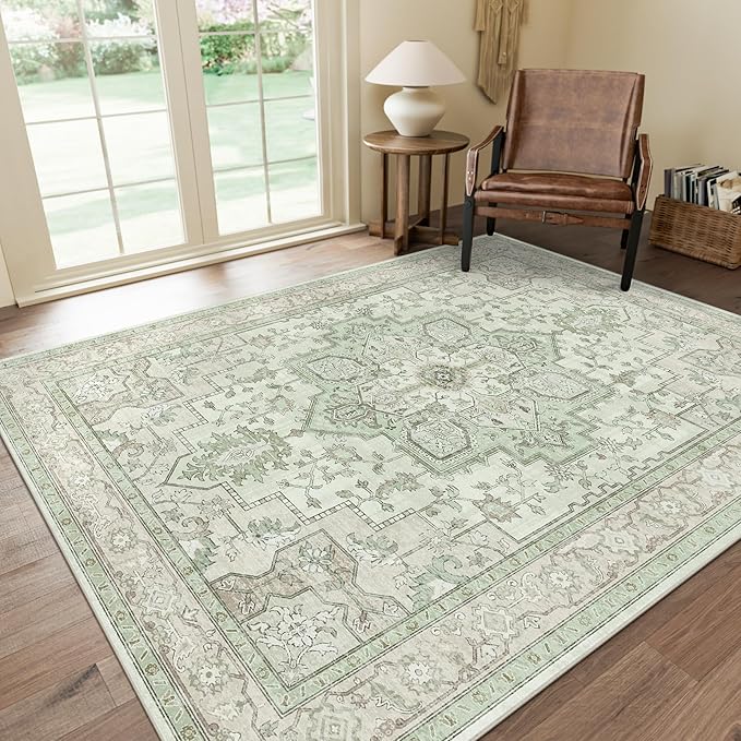 GENIMO 7'6''x9'6'' Area Rugs for Living Room, Machine Washable Non Slip Vintage Rugs, Low Pile Lightweight Chenille Print Rug for Bedroom, Dining Room, Home Office, Oat Light