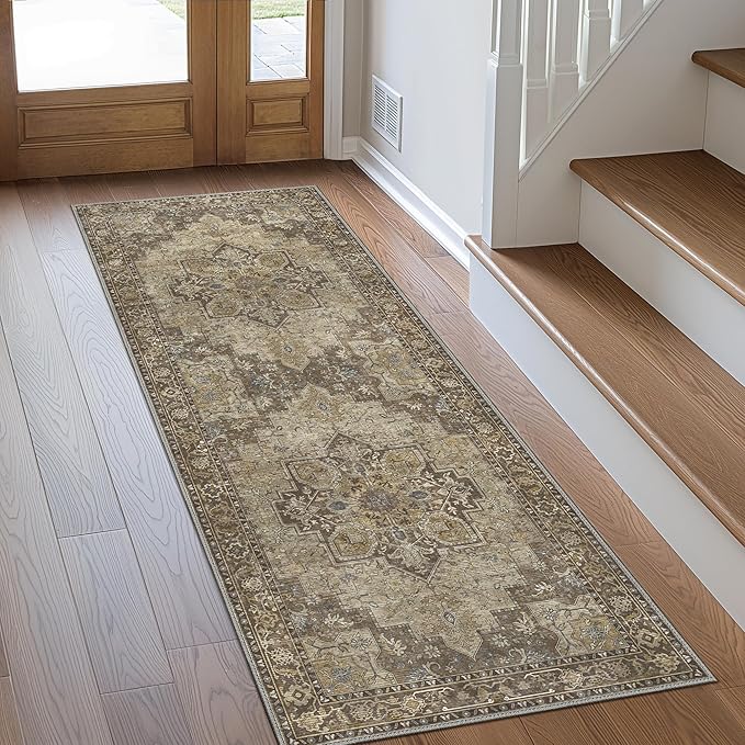 GENIMO 2'6''x14 Runner Rugs for Hallway, Machine Washable Non Slip Vintage Rugs, Low Pile Lightweight Soft Print Rug for enrtyway, Corridor, Home Office, Kitchen, Rustic Brown