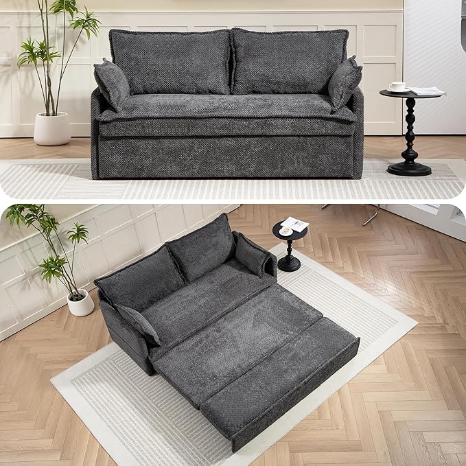 Furnimart 59.5" Queen Size Pull Out Sofa Bed, 3 in 1 Convertible Sleeper Bed with USB/C-Type Charging Ports & Side Pockets, Modern Futon Couch for Living Room, Apartment, RV, Corduroy Dark Grey