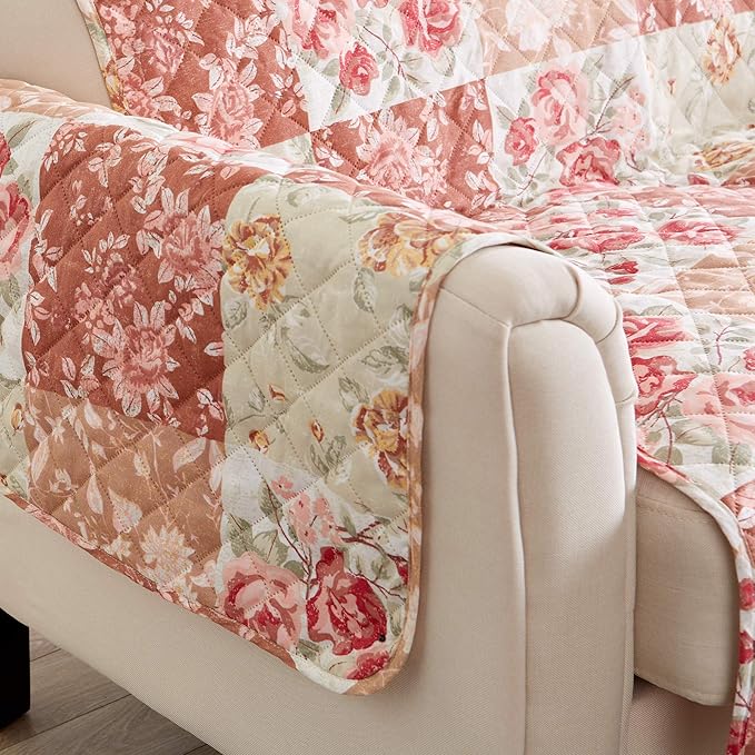 Great Bay Home Reversible Floral Patchwork Furniture Protector Scalloped Edge Stain Resistant Printed Furniture Protector Maribel Collection (Sofa, Burgundy/Taupe)