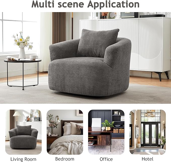 Merax Modern 360° Chenille Swivel Barrel Chair with A Throw Pillow & Armrest, Upholstered Cozy Single Round Sofa with Deep Seating for Living Room Bedroom,Office, Hotel, Easy Assemble, Grey