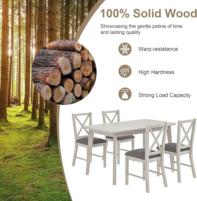 Solid Wood Dining Chairs Set of 2, Farmhouse Chairs with High Cross Back and Upholstered Seat, Easy Assembly for Dining Room, Kitchen, Washed Gray