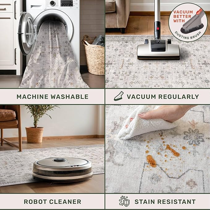 Non Slip Hallway Runner Rug - 2 x 10 Runner Rug, Washable & Waterproof 2x10 Kitchen Floor Mat - Extra Long Light Gray Neutral Farmhouse Boho Design Décor