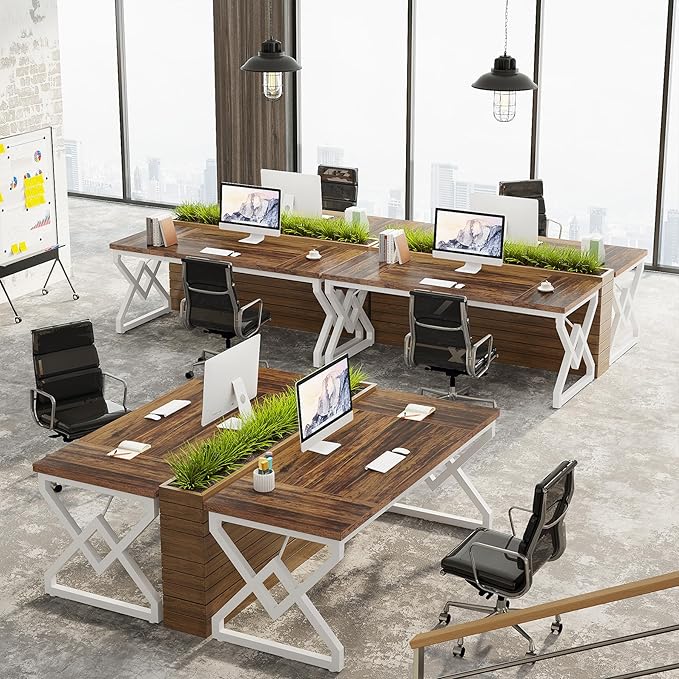 Tribesigns 63 Inch Executive Desk, Large Office Desk with Metal Frame, Ergonomic Writing Desk Computer Workstation, Modern Wood Computer Desk for Home Office, Easy Assembly (Brown+White)