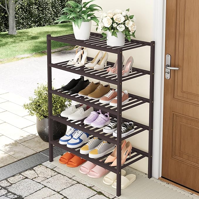 Smiry Shoe Rack, 5 Tier Thick Bamboo Shoe Organizer, Stackable Free Standing Wooden Shoe Storage Shelf for Closet, Entryway, Front Door Entrance, Brown