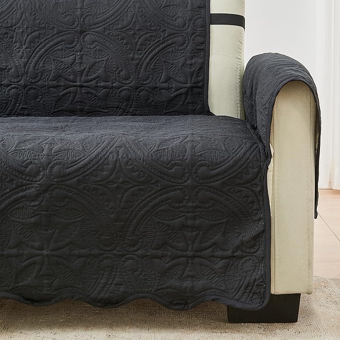 Great Bay Home Reversible Chair Cover - Washable Slipcover Furniture Protector with Elastic Straps - Chair Cover for Dogs, Kids, and Pets - Quilted & Stitched Detail (Chair, Black/Taupe)